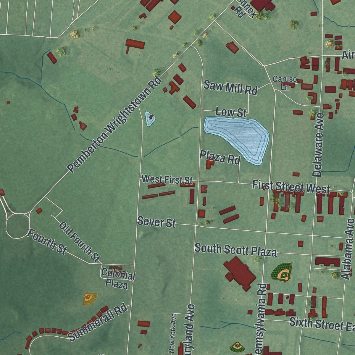 Second close-up of the map of Fort Dix, New Jersey print showing more streets and buildings
