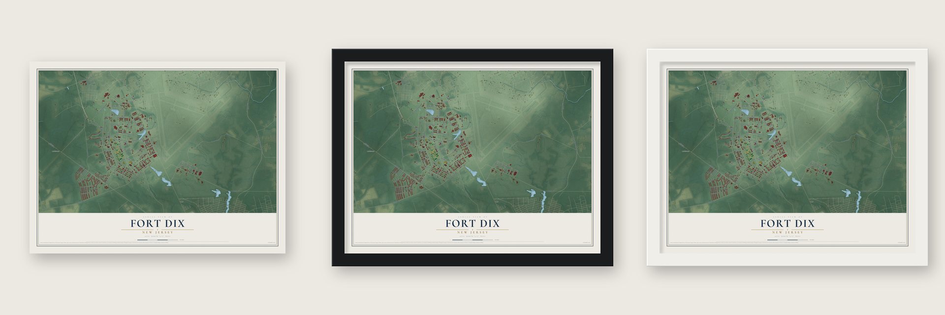 Fort Dix, New Jersey map unframed, in a black wood frame and in a white wood frame
