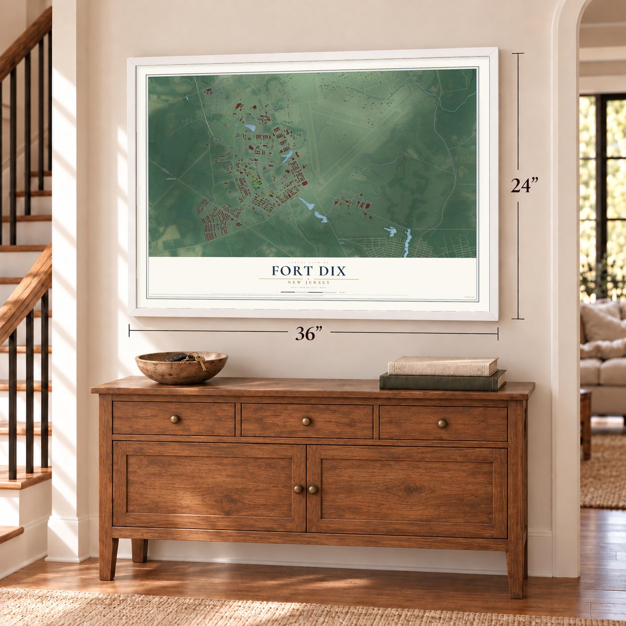 Fort Dix, New Jersey map, 24 x 36 inch print in a white frame above a dresser by a staircase