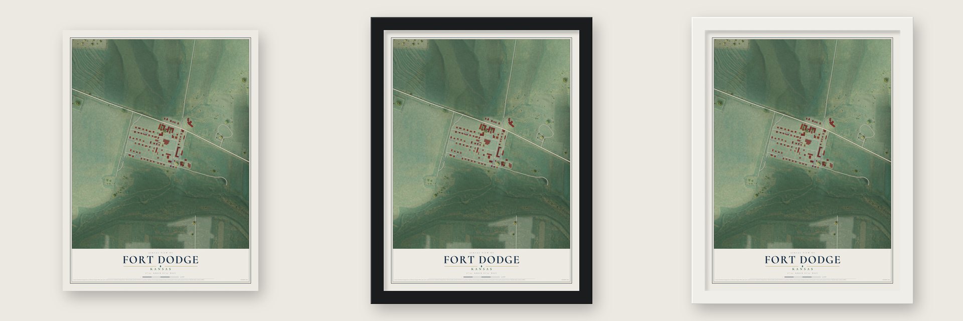 Fort Dodge, Kansas map unframed, in a black wood frame and in a white wood frame