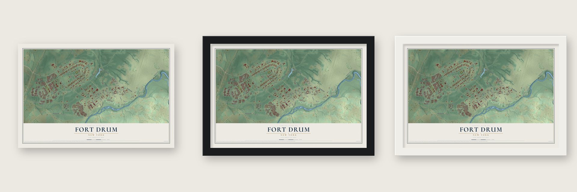 Fort Drum, New York map unframed, in a black wood frame and in a white wood frame