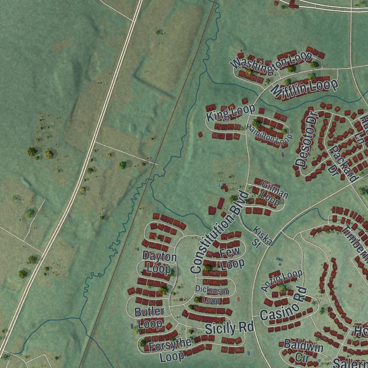 Second close-up of the map of Fort Drum, New York print showing more streets and buildings