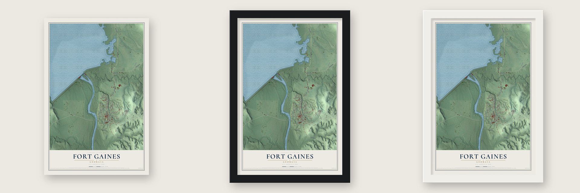 Fort Gaines, Georgia map unframed, in a black wood frame and in a white wood frame