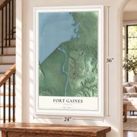 Fort Gaines, Georgia map, 24 x 36 inch print in a white frame by a staircase