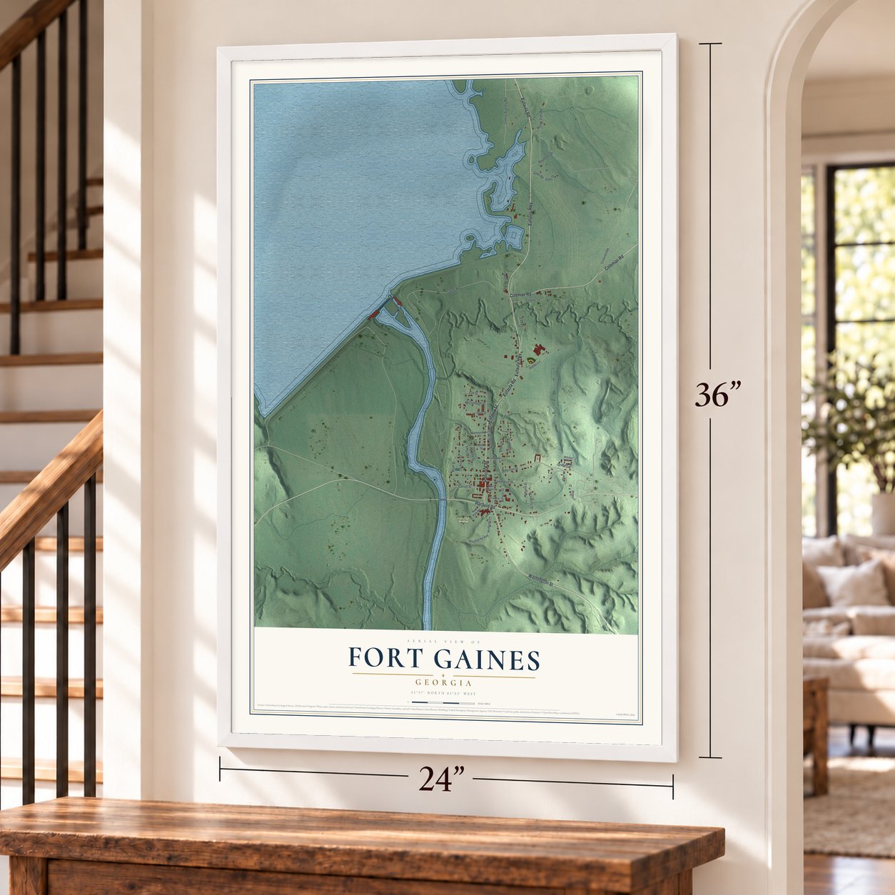 Fort Gaines, Georgia map, 24 x 36 inch print in a white frame by a staircase