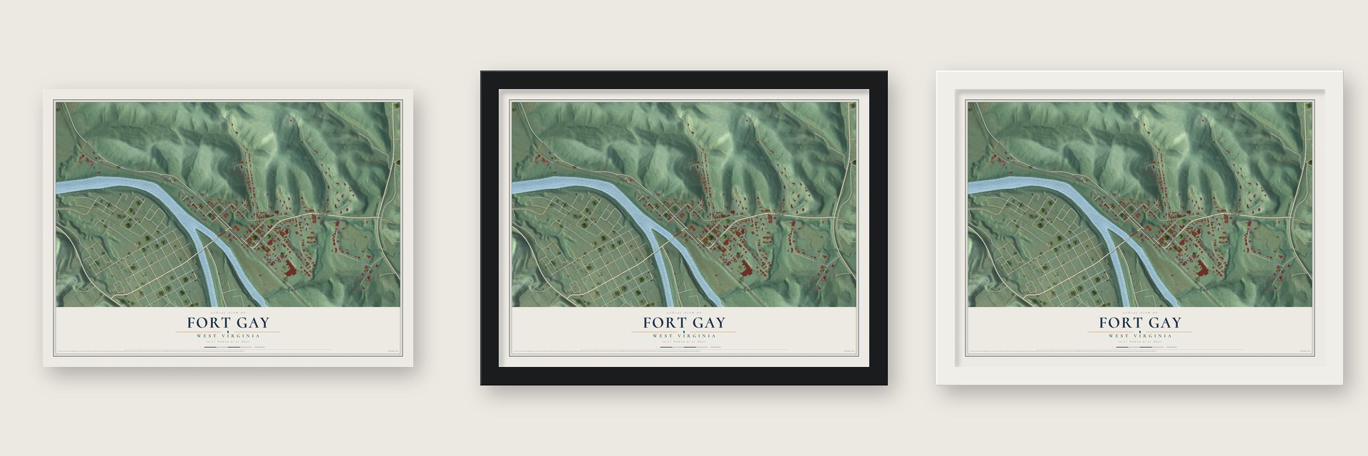 Fort Gay, West Virginia map unframed, in a black wood frame and in a white wood frame