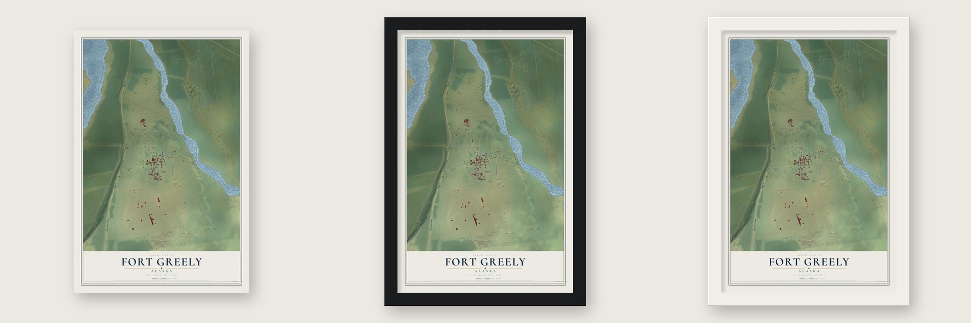Fort Greely, Alaska map unframed, in a black wood frame and in a white wood frame