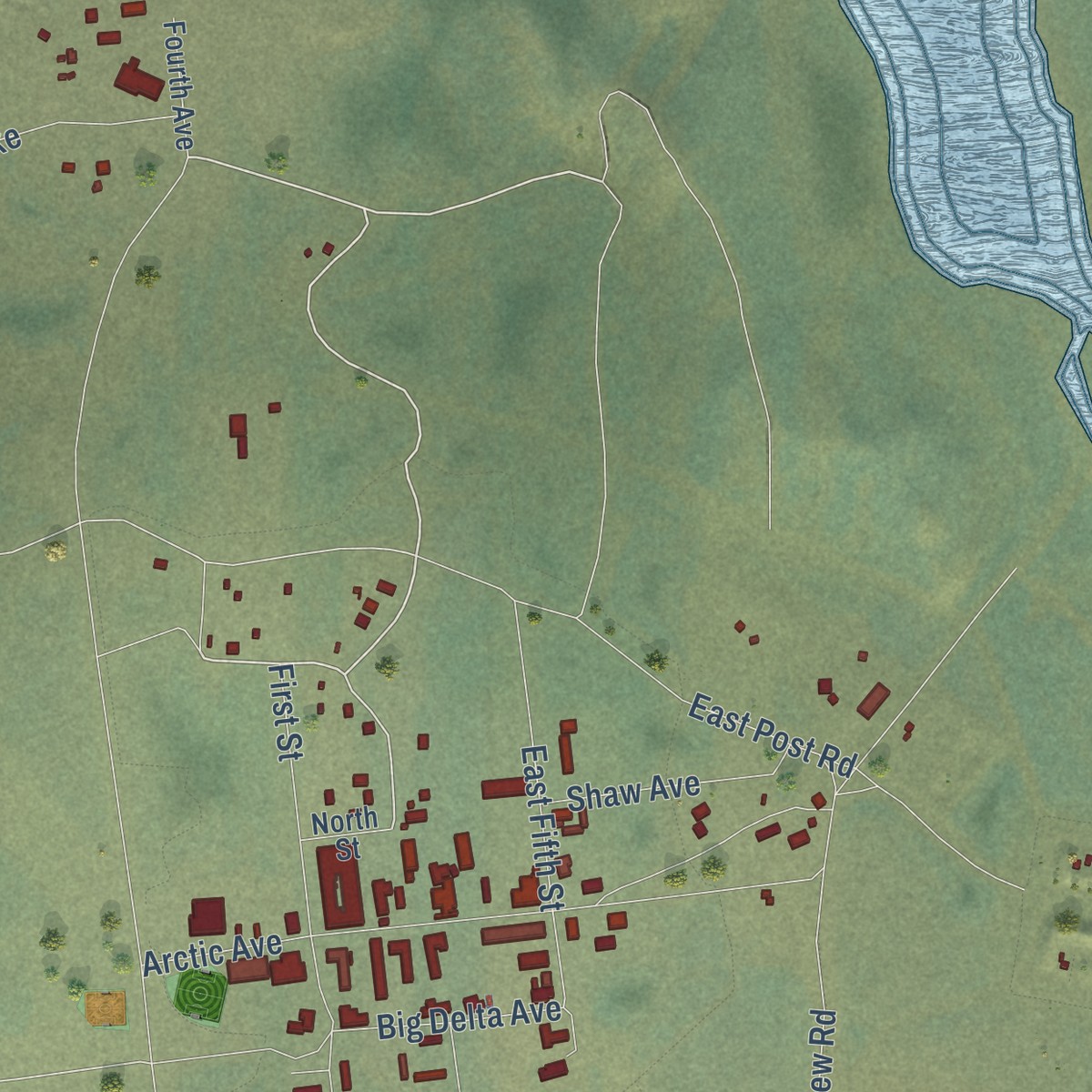 Second close-up of the map of Fort Greely, Alaska print showing more streets and buildings