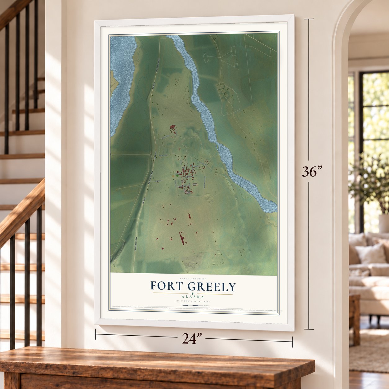 Fort Greely, Alaska map, 24 x 36 inch print in a white frame by a staircase