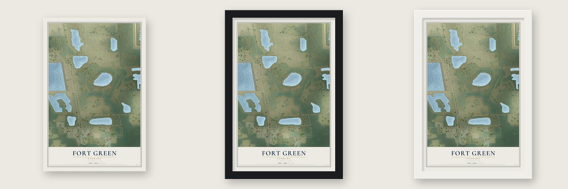 Fort Green, Florida map unframed, in a black wood frame and in a white wood frame