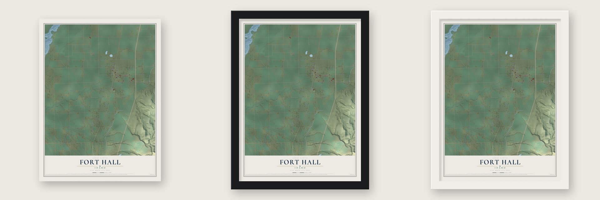 Fort Hall, Idaho map unframed, in a black wood frame and in a white wood frame