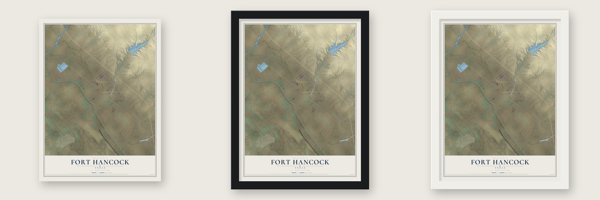 Fort Hancock, Texas map unframed, in a black wood frame and in a white wood frame