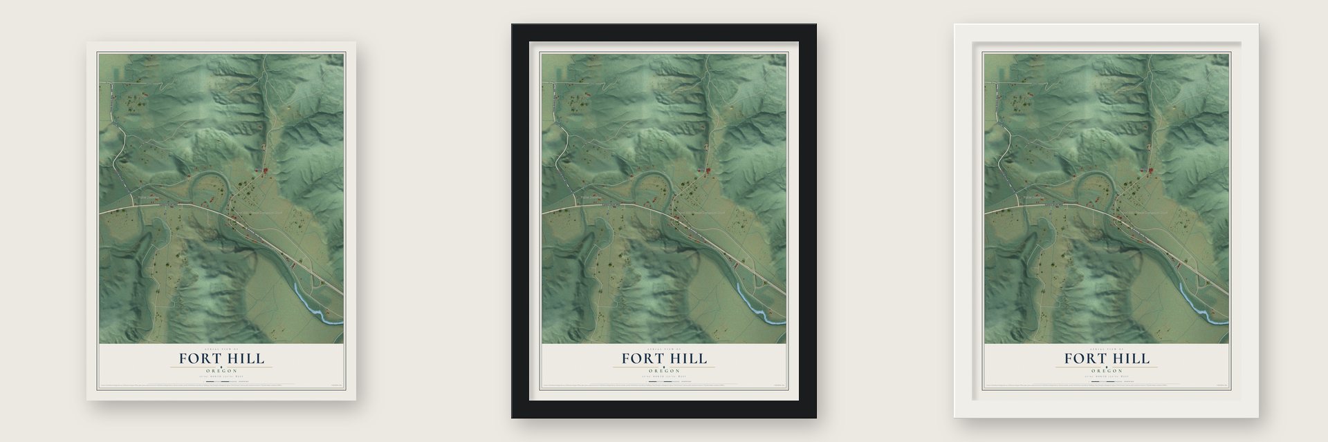 Fort Hill, Oregon map unframed, in a black wood frame and in a white wood frame