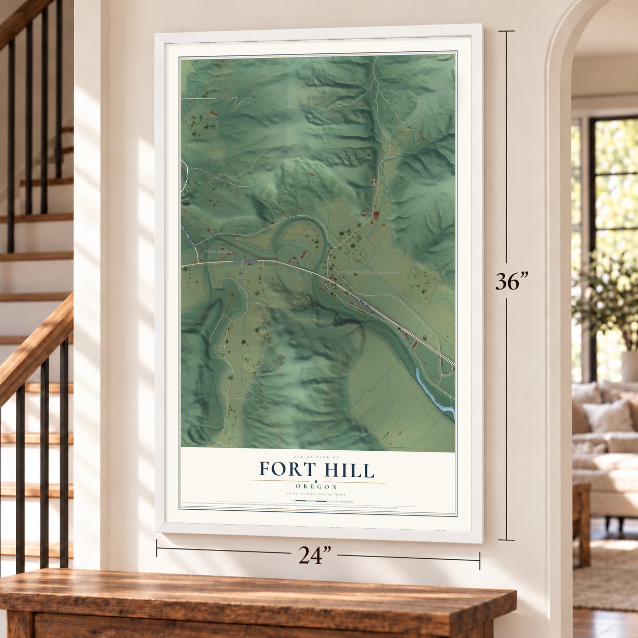 Fort Hill, Oregon map, 24 x 36 inch print in a white frame by a staircase
