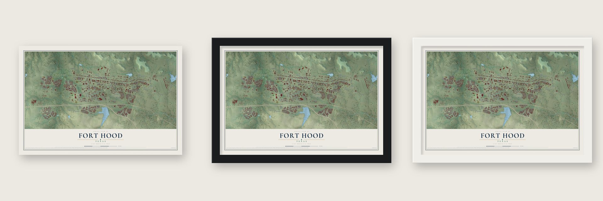 Fort Hood, Texas map unframed, in a black wood frame and in a white wood frame