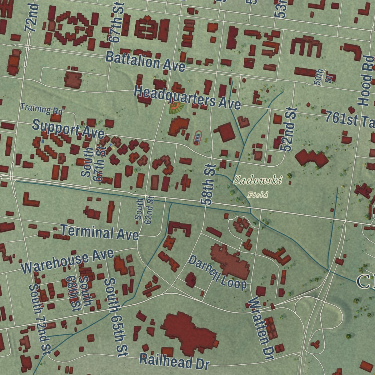 Second close-up of the map of Fort Hood, Texas print showing more streets and buildings