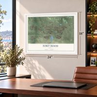 Fort Hood, Texas map, 18 x 24 inch print in a white frame in a home office