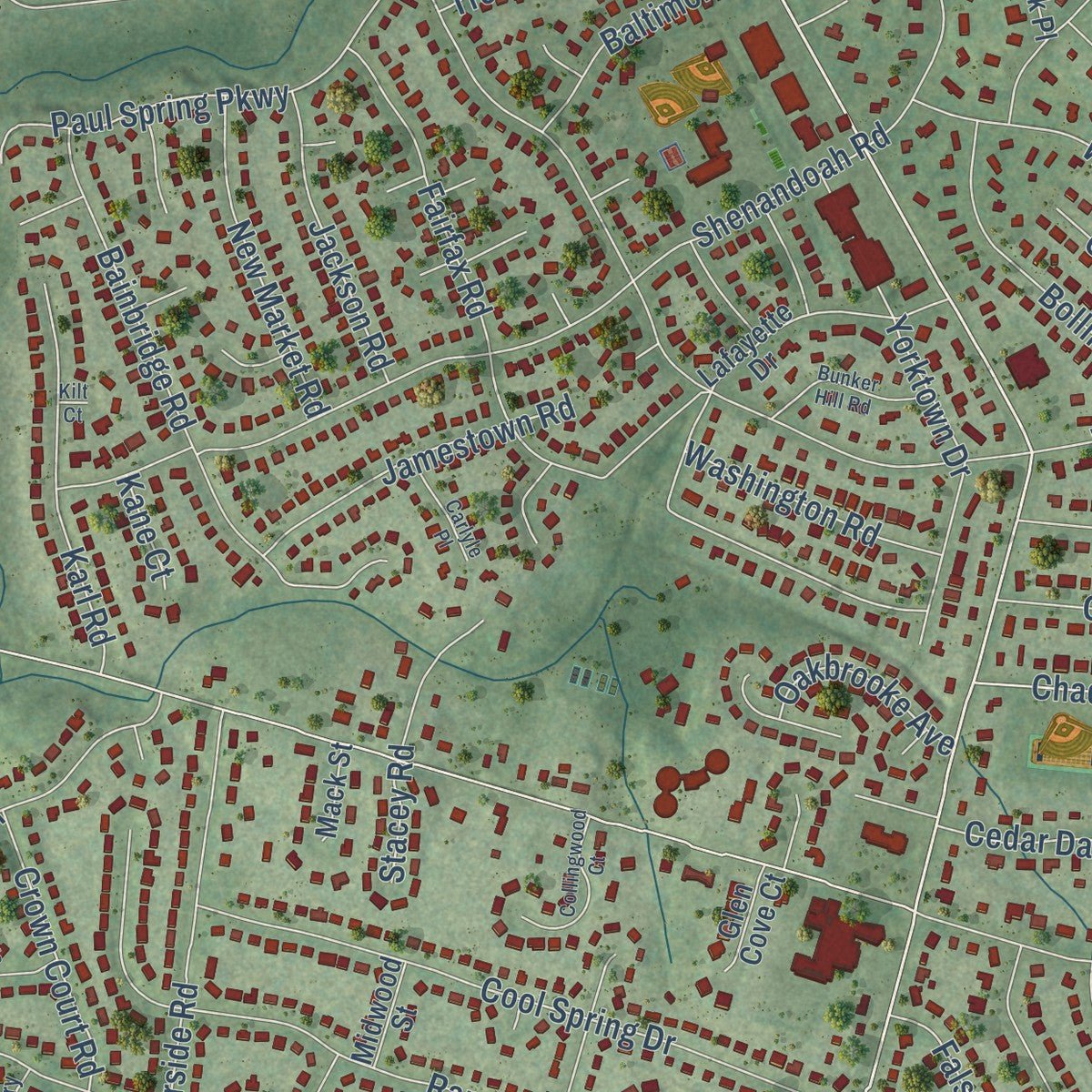 Second close-up of the map of Fort Hunt, Virginia print showing more streets and buildings