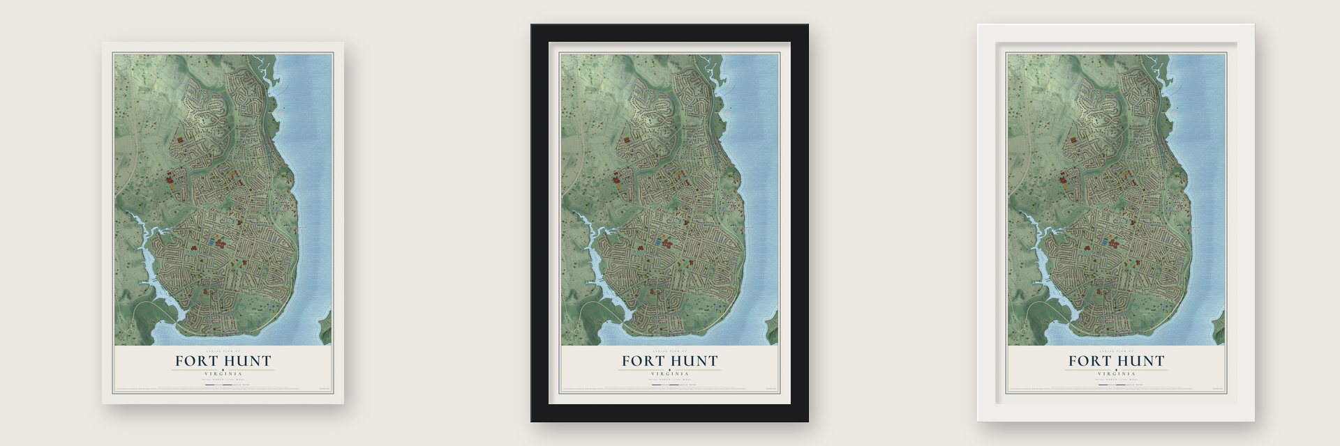 Fort Hunt, Virginia map unframed, in a black wood frame and in a white wood frame