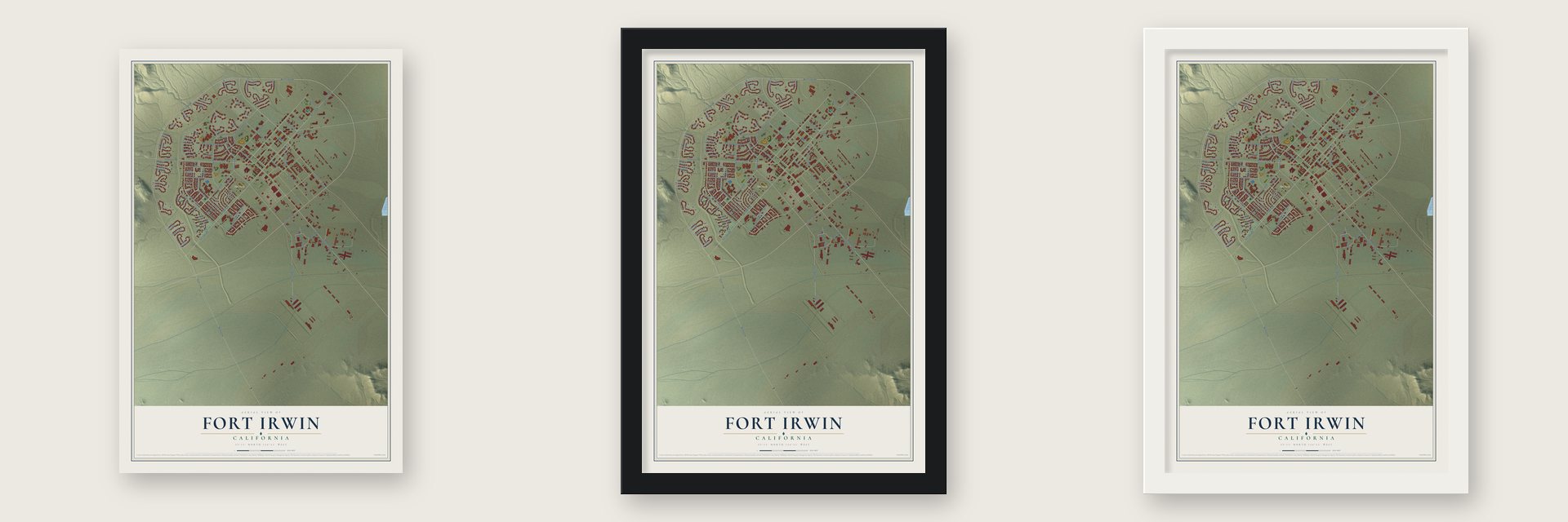 Fort Irwin, California map unframed, in a black wood frame and in a white wood frame