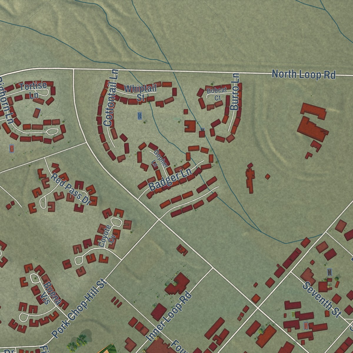 Second close-up of the map of Fort Irwin, California print showing more streets and buildings