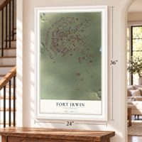 Fort Irwin, California map, 24 x 36 inch print in a white frame by a staircase