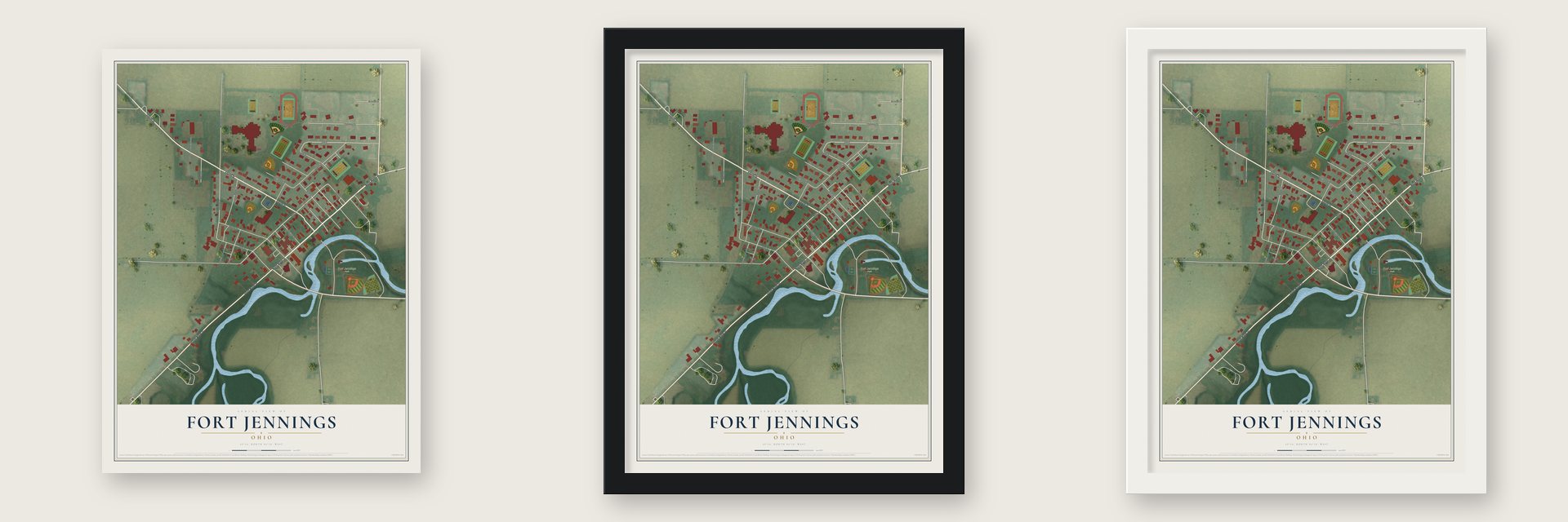 Fort Jennings, Ohio map unframed, in a black wood frame and in a white wood frame