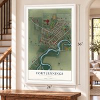 Fort Jennings, Ohio map, 24 x 36 inch print in a white frame by a staircase