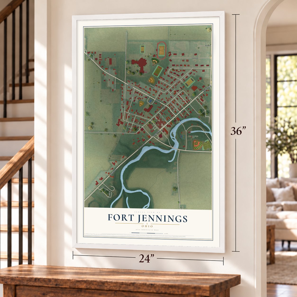 Fort Jennings, Ohio map, 24 x 36 inch print in a white frame by a staircase