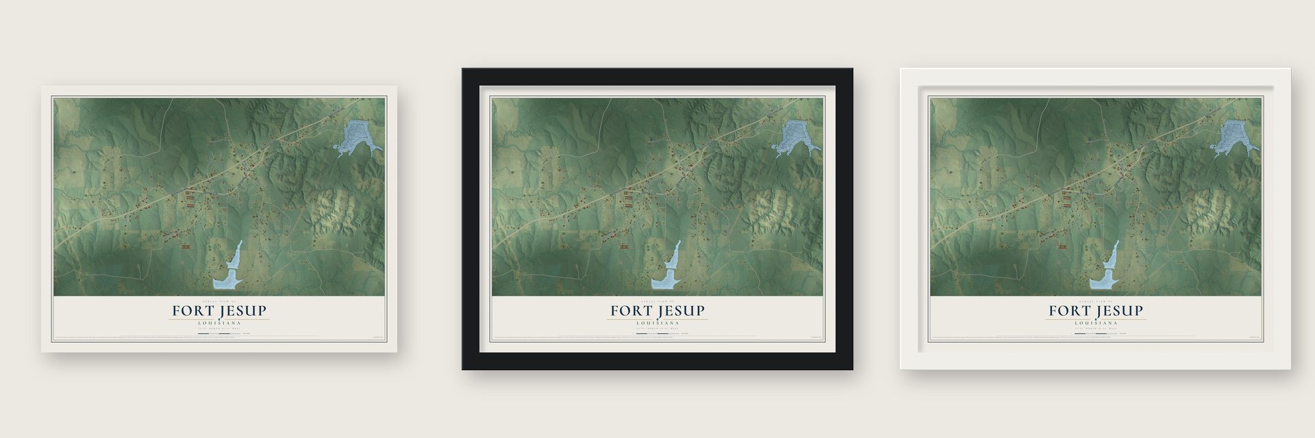 Fort Jesup, Louisiana map unframed, in a black wood frame and in a white wood frame