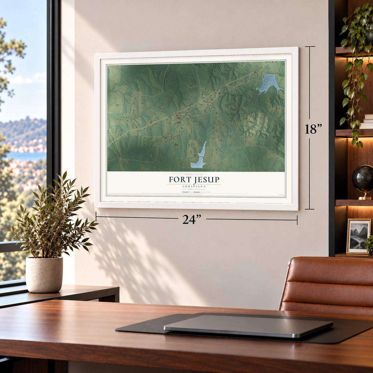 Fort Jesup, Louisiana map, 18 x 24 inch print in a white frame in a home office