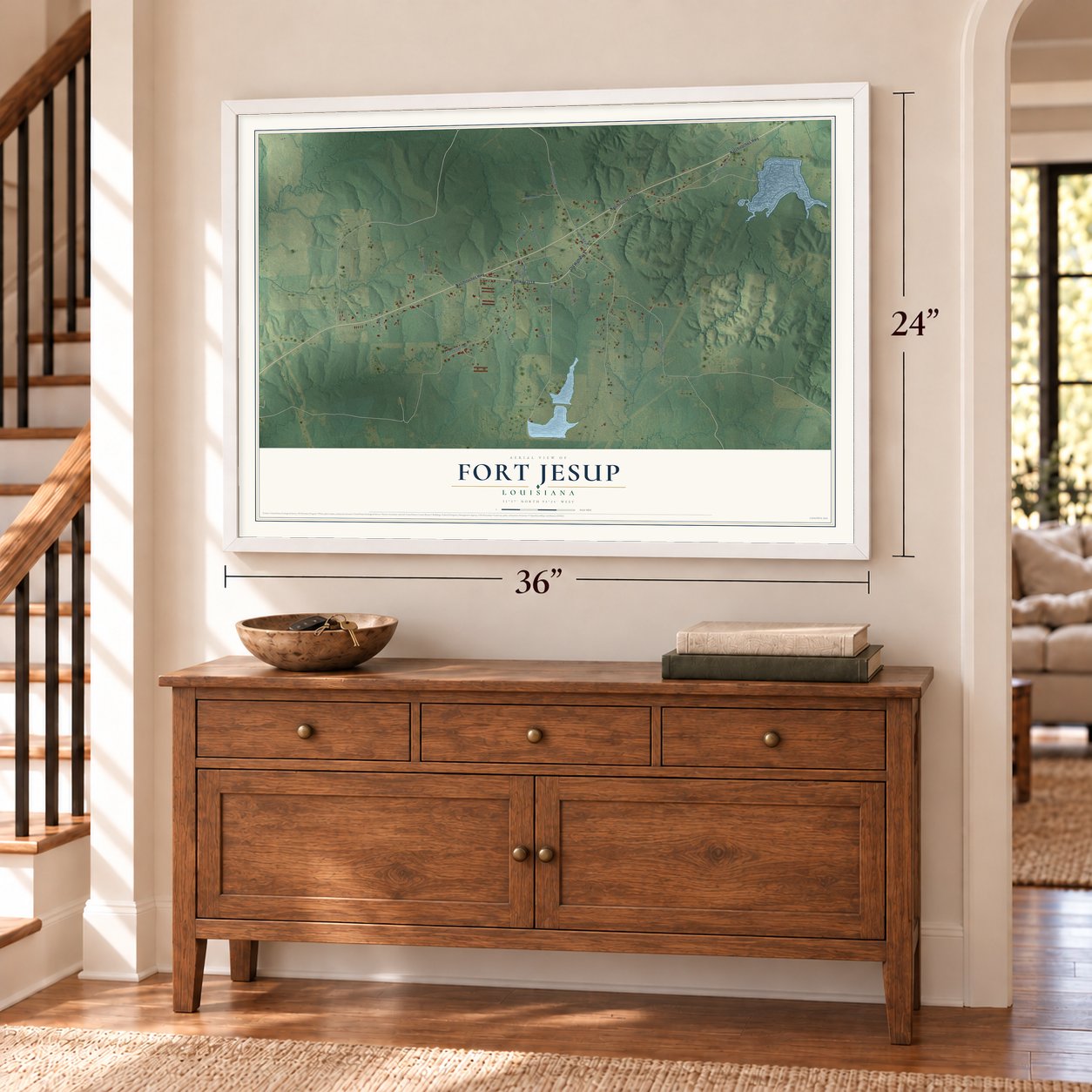 Fort Jesup, Louisiana map, 24 x 36 inch print in a white frame above a dresser by a staircase