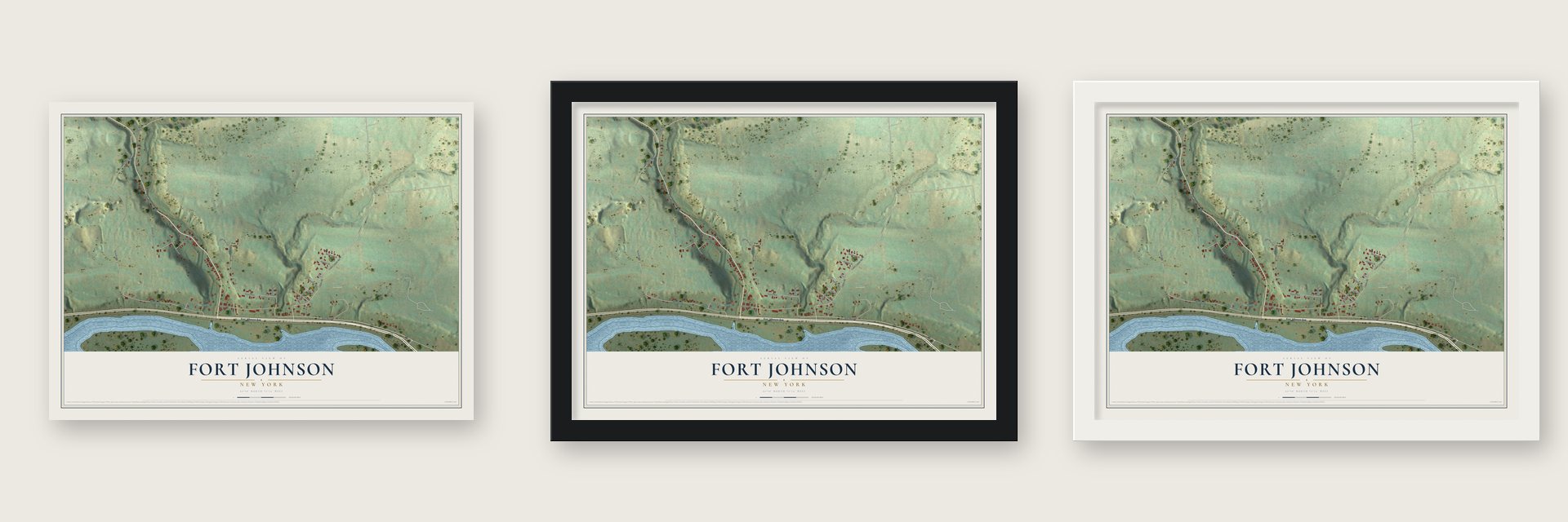 Fort Johnson, New York map unframed, in a black wood frame and in a white wood frame