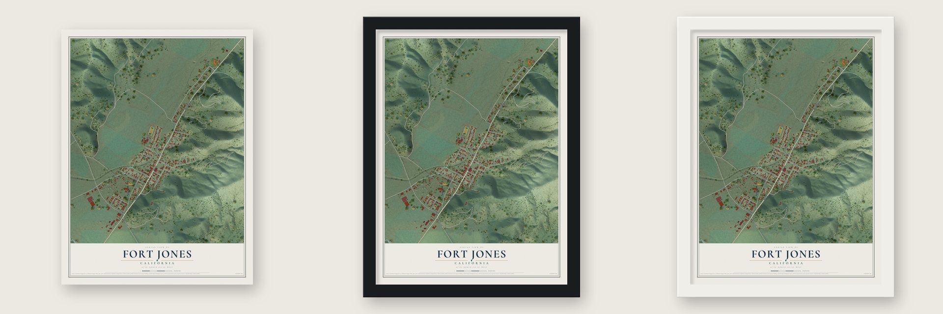 Fort Jones, California map unframed, in a black wood frame and in a white wood frame