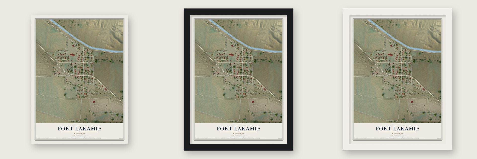 Fort Laramie, Wyoming map unframed, in a black wood frame and in a white wood frame