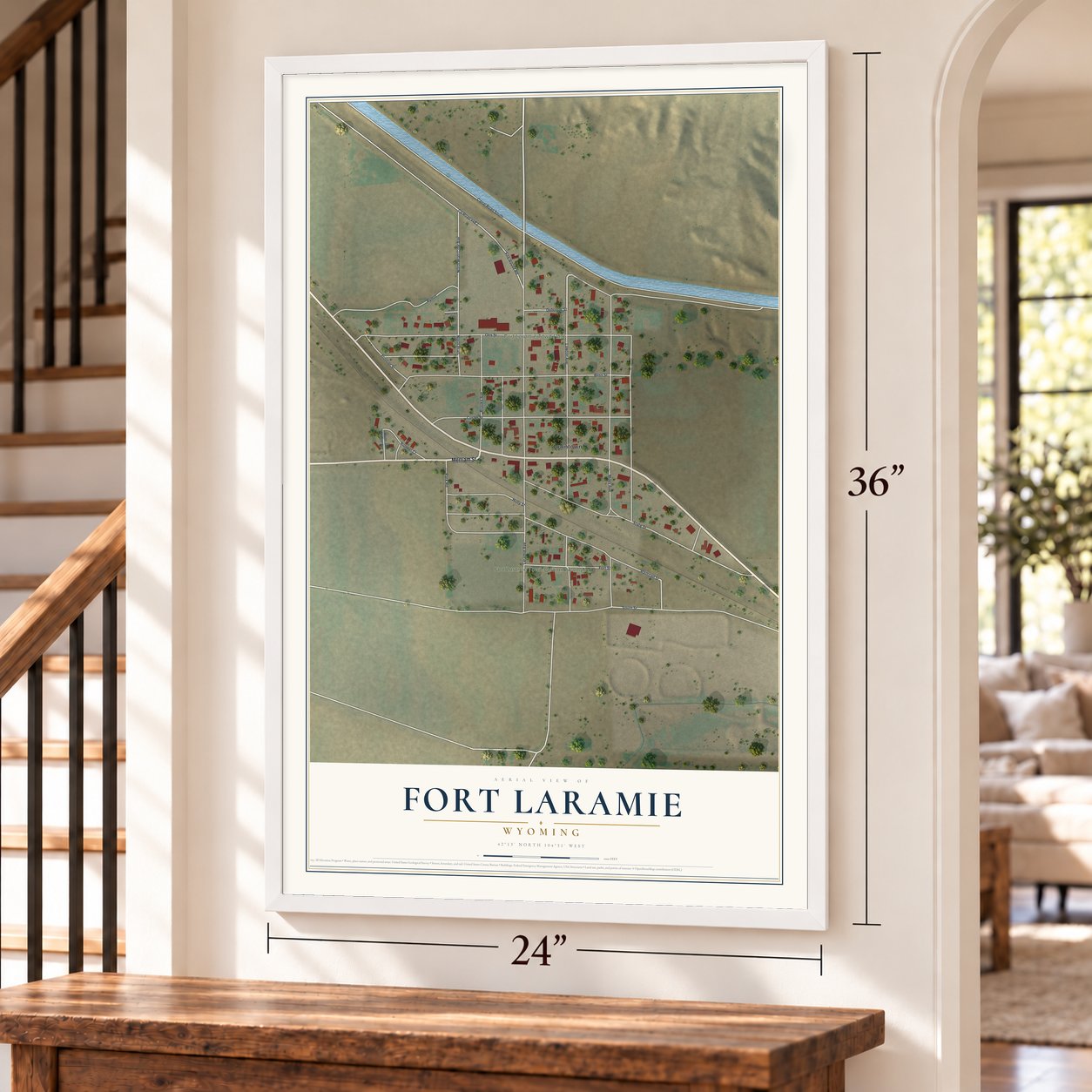 Fort Laramie, Wyoming map, 24 x 36 inch print in a white frame by a staircase