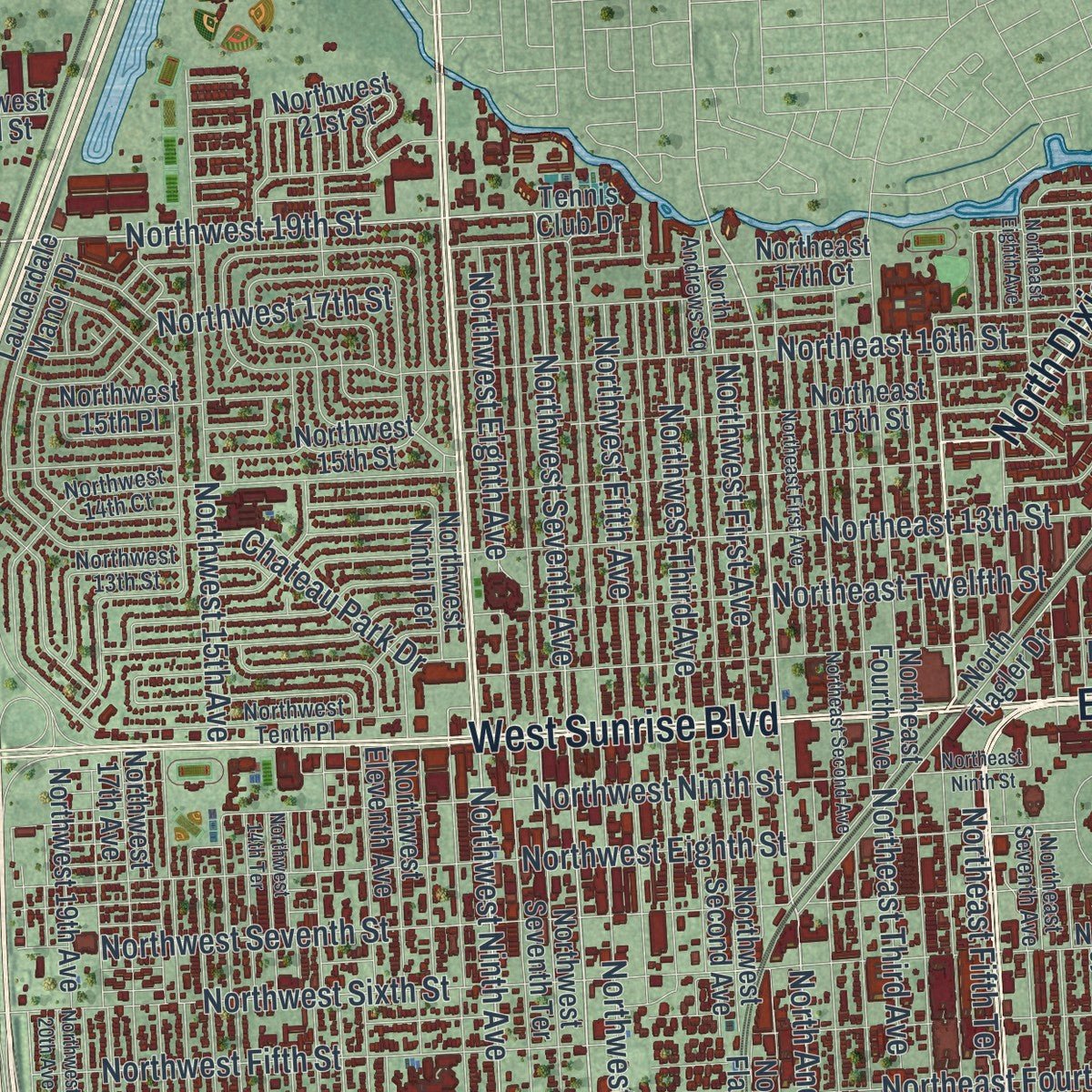 Second close-up of the map of Fort Lauderdale, Florida print showing more streets and buildings