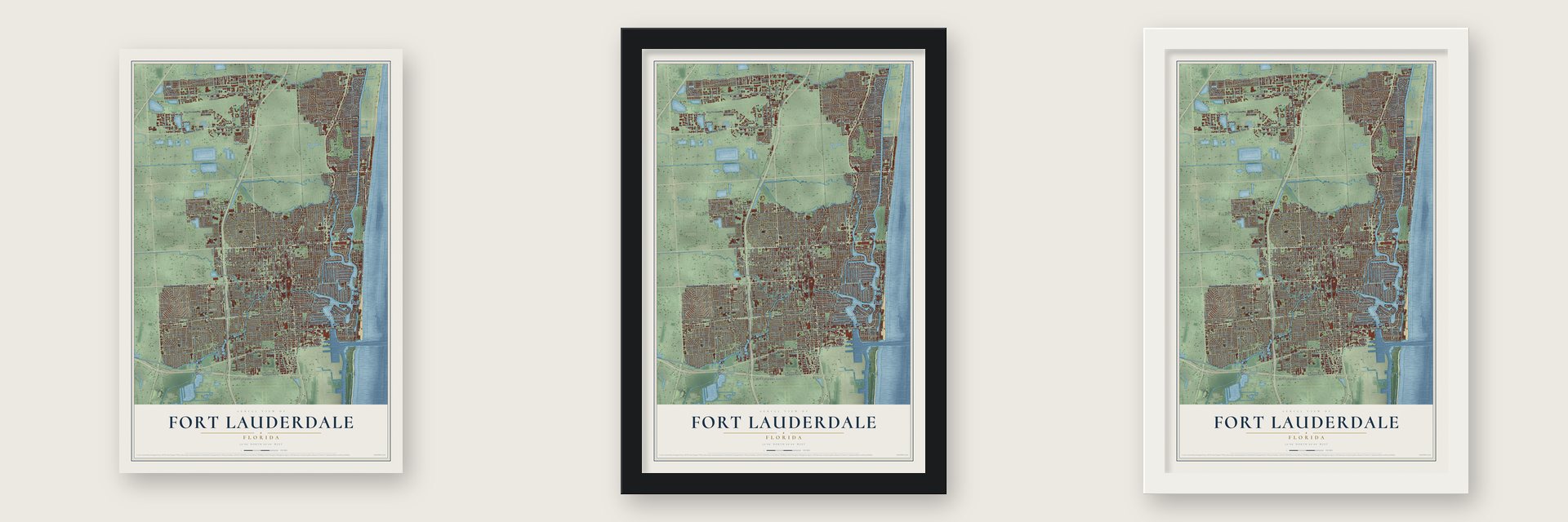 Fort Lauderdale, Florida map unframed, in a black wood frame and in a white wood frame