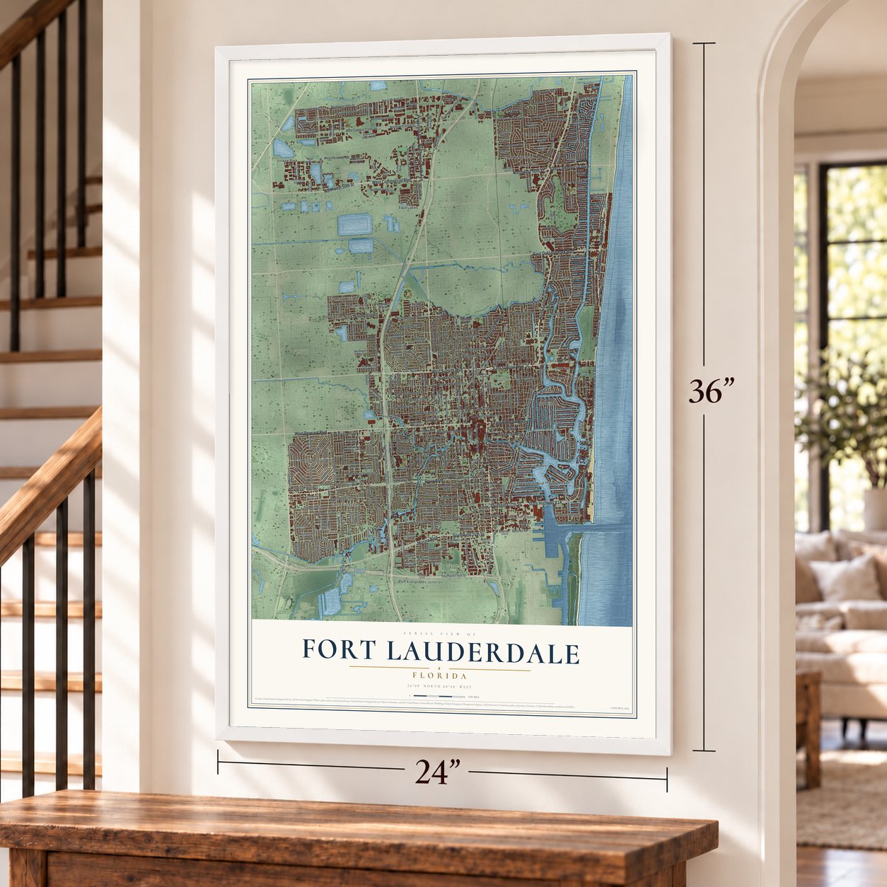 Fort Lauderdale, Florida map, 24 x 36 inch print in a white frame by a staircase