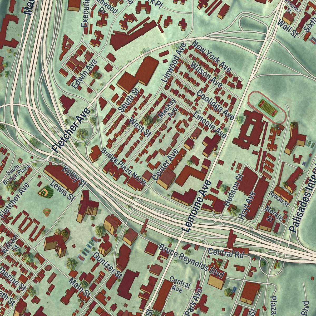 Second close-up of the map of Fort Lee, New Jersey print showing more streets and buildings