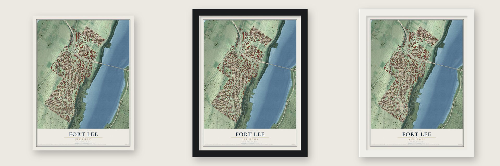 Fort Lee, New Jersey map unframed, in a black wood frame and in a white wood frame