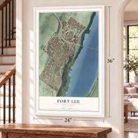 Fort Lee, New Jersey map, 24 x 36 inch print in a white frame by a staircase