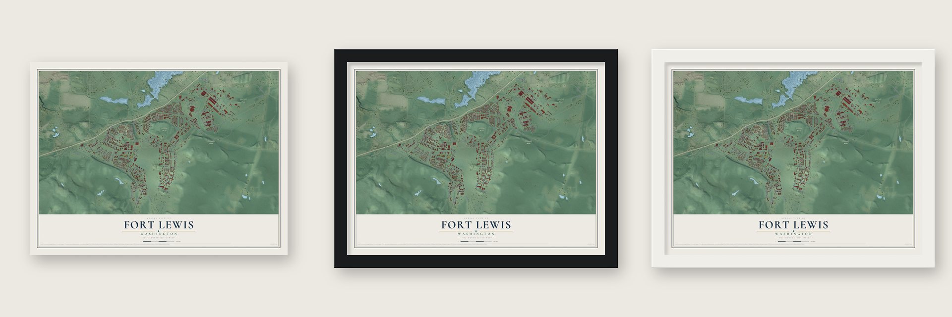 Fort Lewis, Washington map unframed, in a black wood frame and in a white wood frame