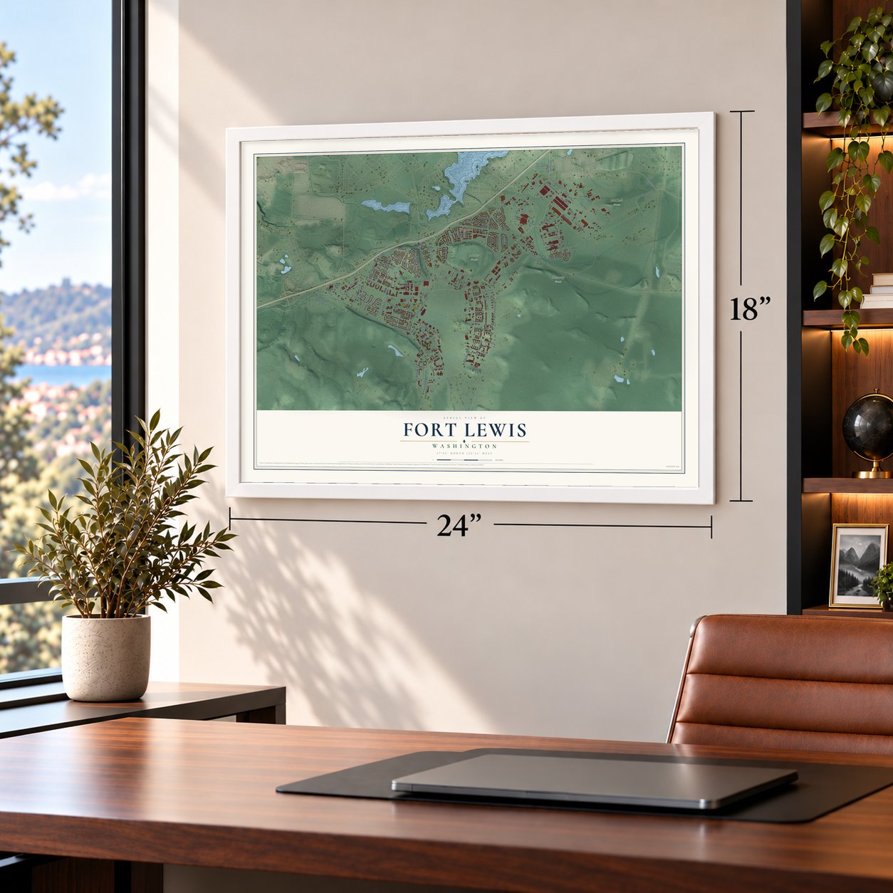 Fort Lewis, Washington map, 18 x 24 inch print in a white frame in a home office
