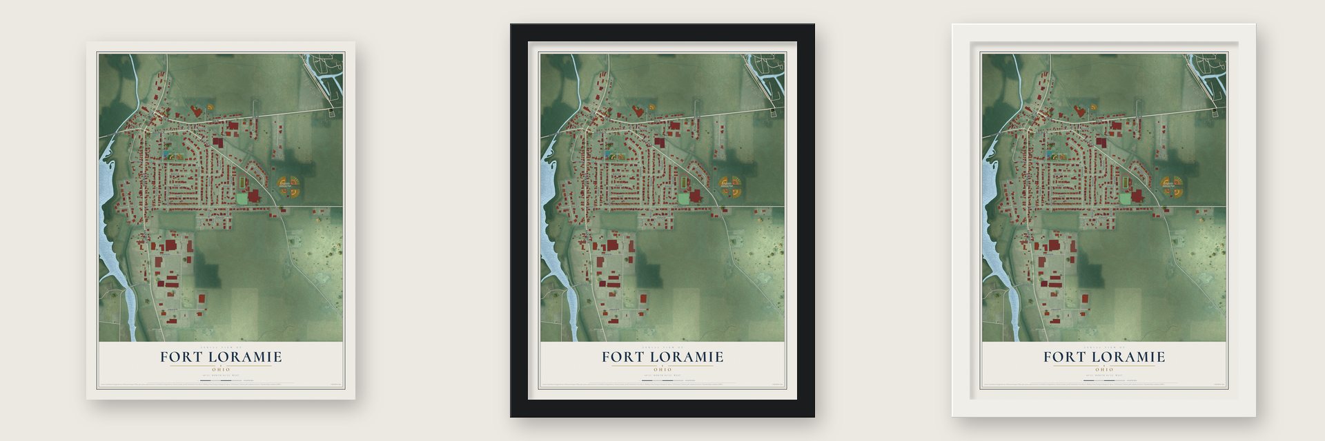 Fort Loramie, Ohio map unframed, in a black wood frame and in a white wood frame