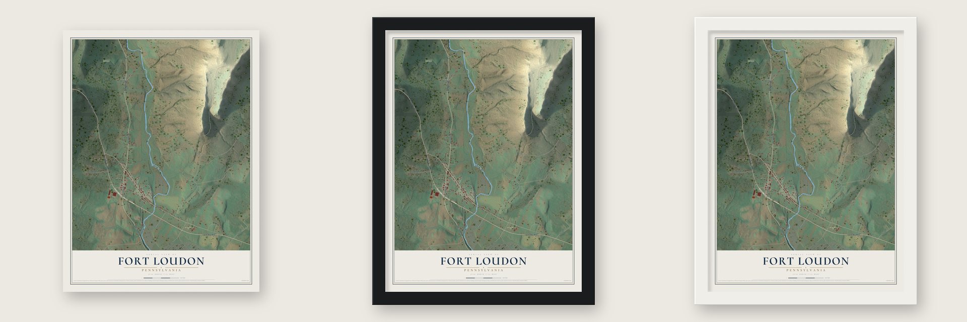 Fort Loudon, Pennsylvania map unframed, in a black wood frame and in a white wood frame