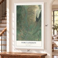 Fort Loudon, Pennsylvania map, 24 x 36 inch print in a white frame by a staircase