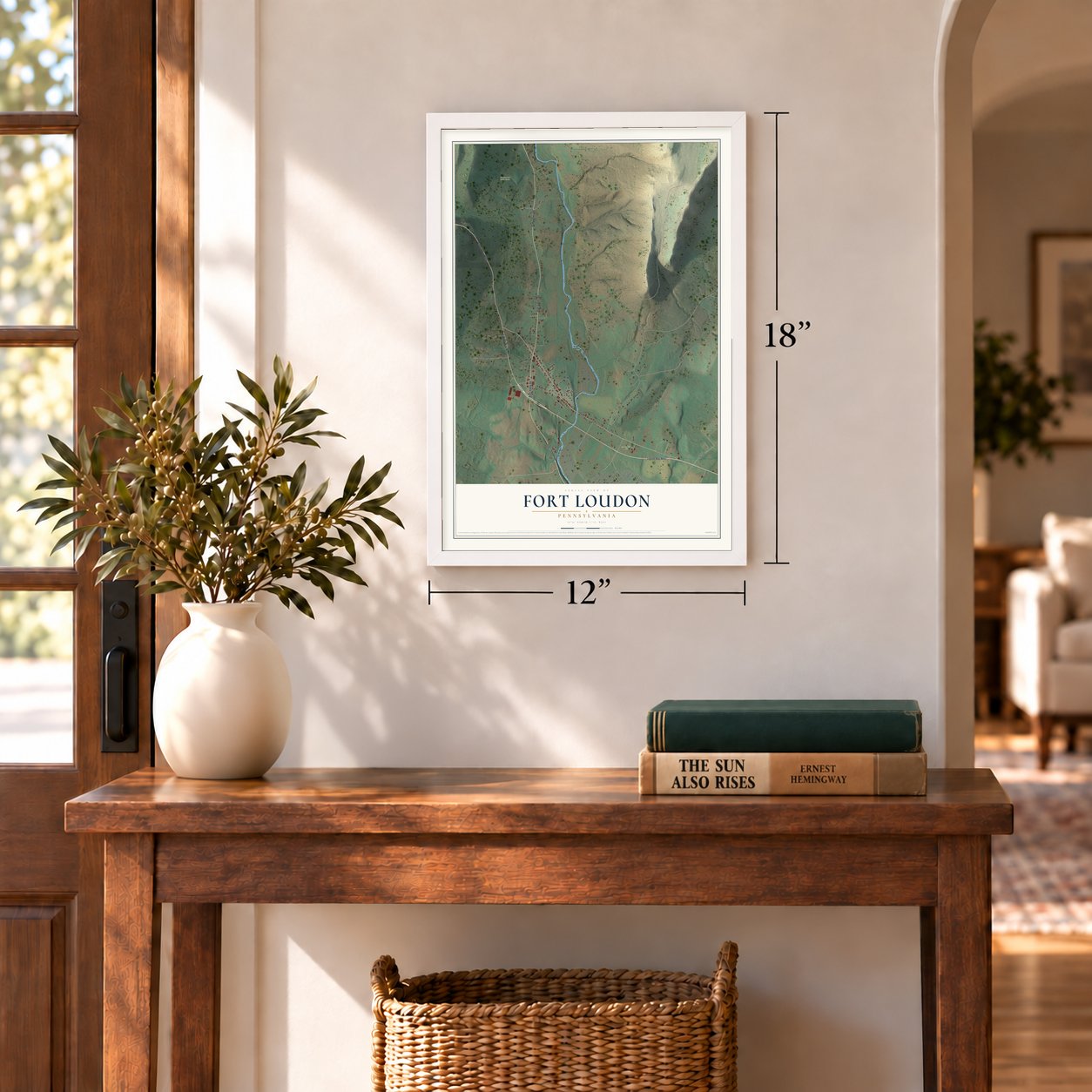 Fort Loudon, Pennsylvania map, 12 x 18 inch print in a white frame in an entryway