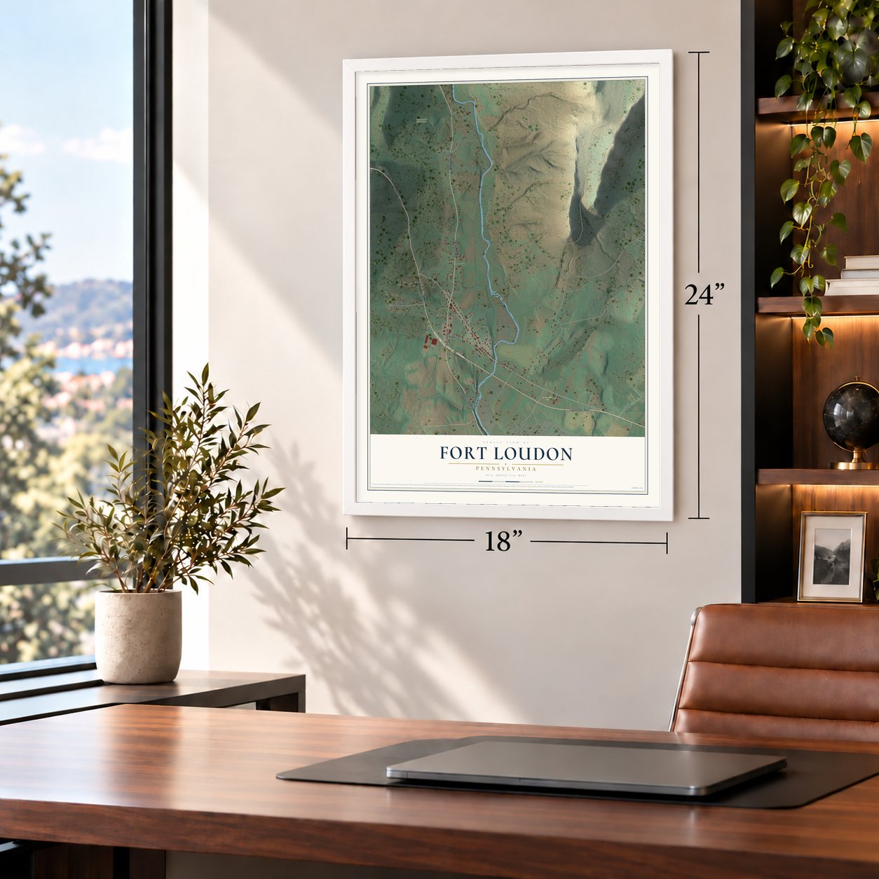 Fort Loudon, Pennsylvania map, 18 x 24 inch print in a white frame in a home office