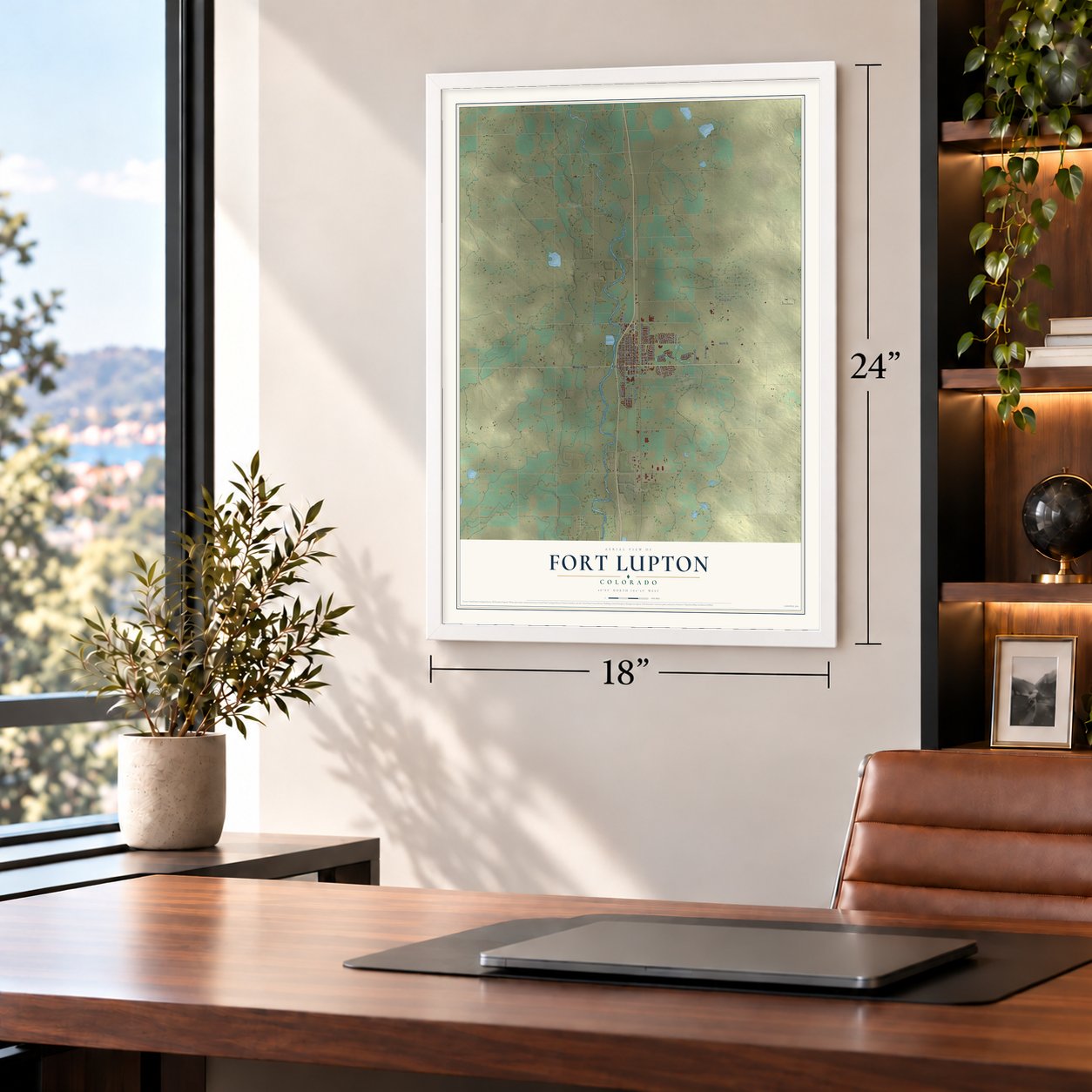 Fort Lupton, Colorado map, 18 x 24 inch print in a white frame in a home office